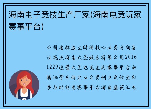 海南电子竞技生产厂家(海南电竞玩家赛事平台)